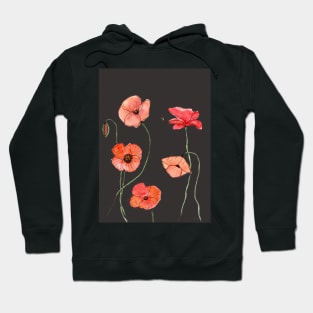 Poppy Watercolor Illustration and a dark gray background Hoodie